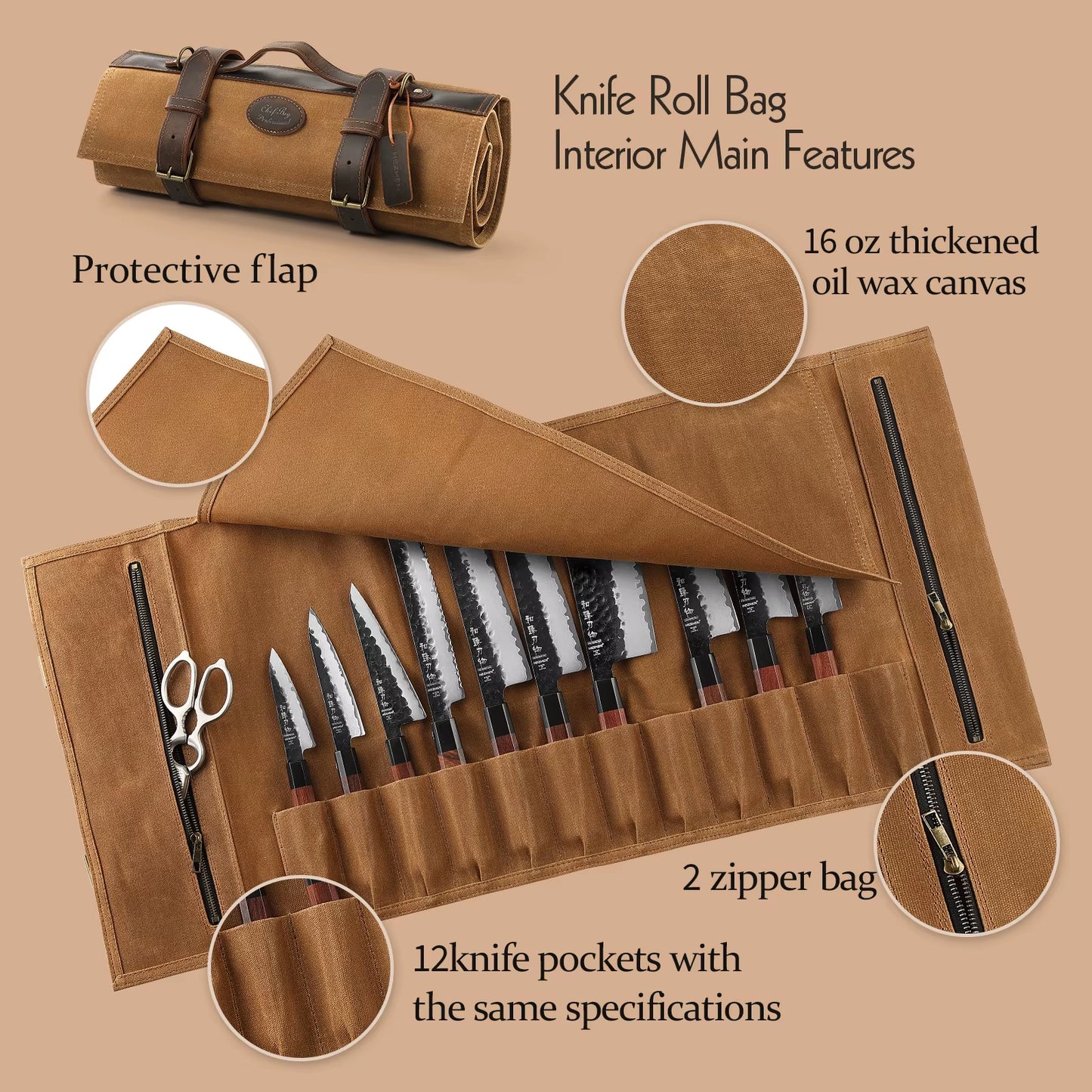 Knife Roll Bag Oil Wax Canvas Crazy Horse Leather