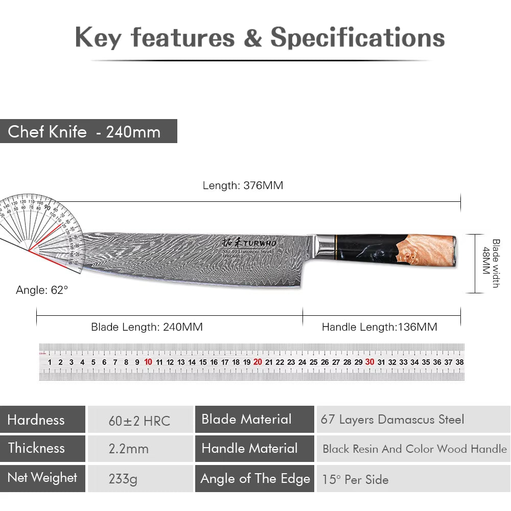 9.5 Inch Chef Knife Japanese 67 Layers Damascus Steel Kitchen Knives VG10 Core Gyuto Knife