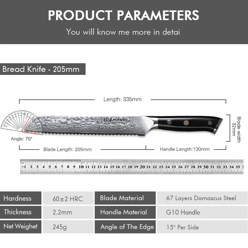 8 ” Bread Knife 67 Layer Damascus Steel VG10 Steel Core
