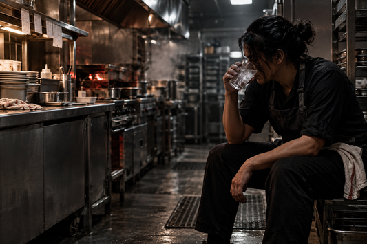 A cook takes a breath and drinks water during a break on the line.
