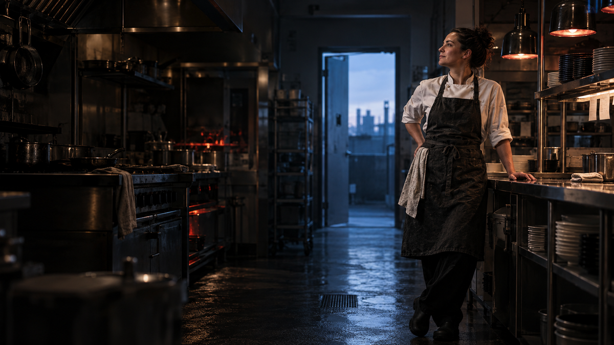 A chef pauses at the pass, looking out toward the city at the end of service.
