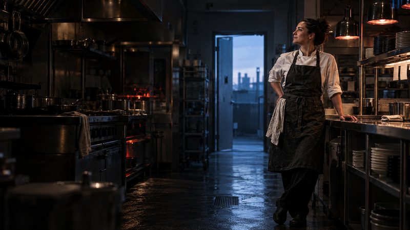 A chef pauses at the pass, looking out toward the city at the end of service.