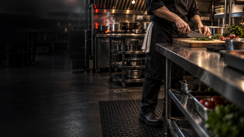 A chef works at the bench on an anti-fatigue mat, knife in hand.
