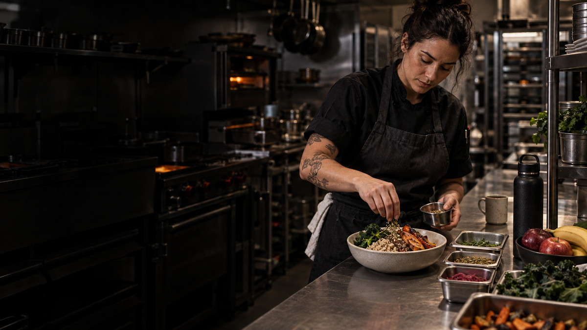 A chef plates a grain and vegetable bowl beside water and fresh fruit.