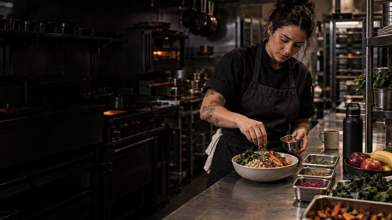 A chef plates a grain and vegetable bowl beside water and fresh fruit.