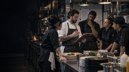 A head chef briefs the kitchen crew before service.