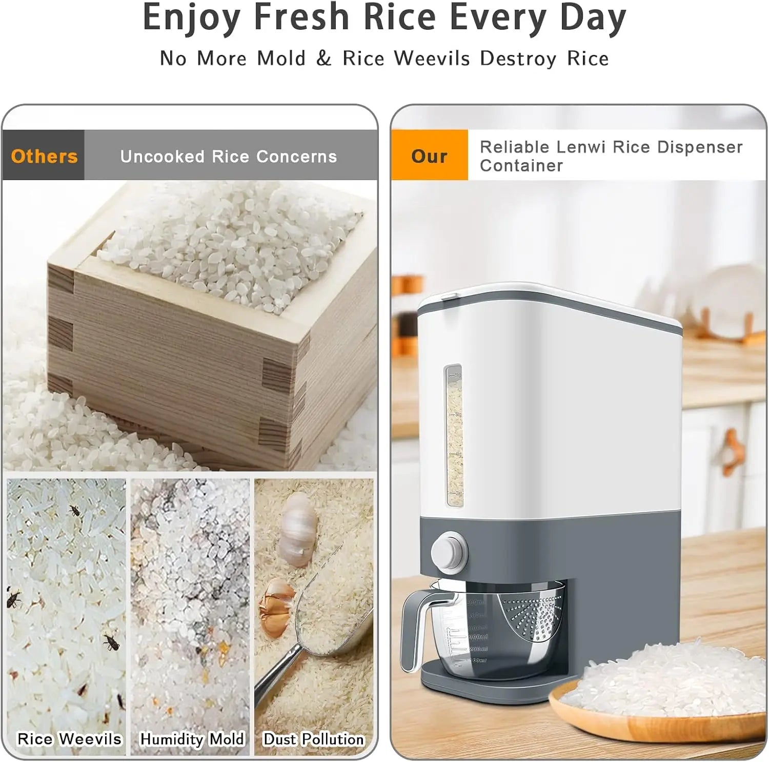 25 Lbs Rice Dispenser, Large Cereal Dry Food Storage Containers with Measuring Cup,Bpa-Free Household for Kitchen Pantry
