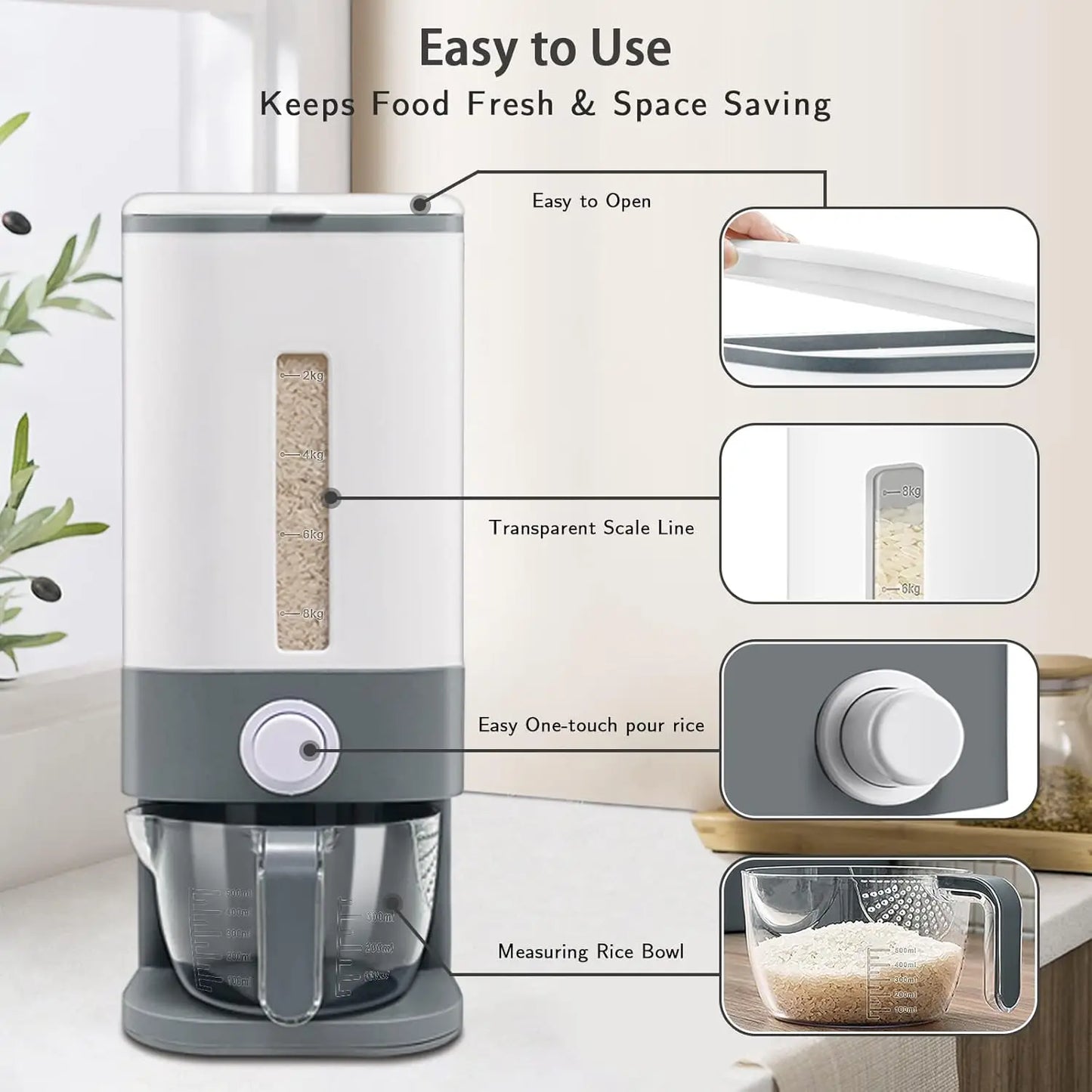 25 Lbs Rice Dispenser, Large Cereal Dry Food Storage Containers with Measuring Cup,Bpa-Free Household for Kitchen Pantry