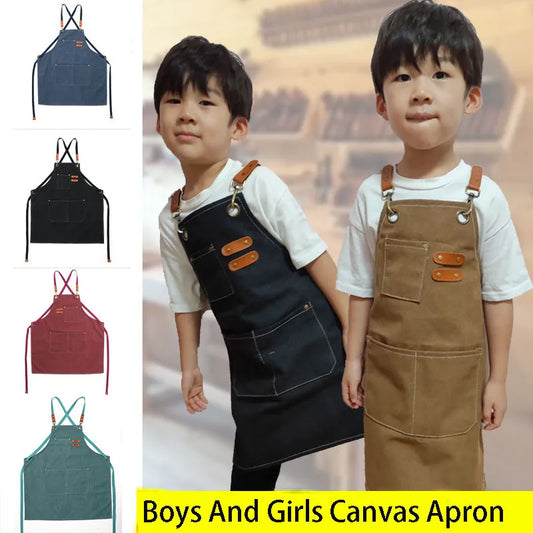 Kids Apron - Multipurpose Adjustable Straps Large Pockets Apron for Kids Boys Girls Painting Waterproof Apron Canvas Education Apron 6-14 Y