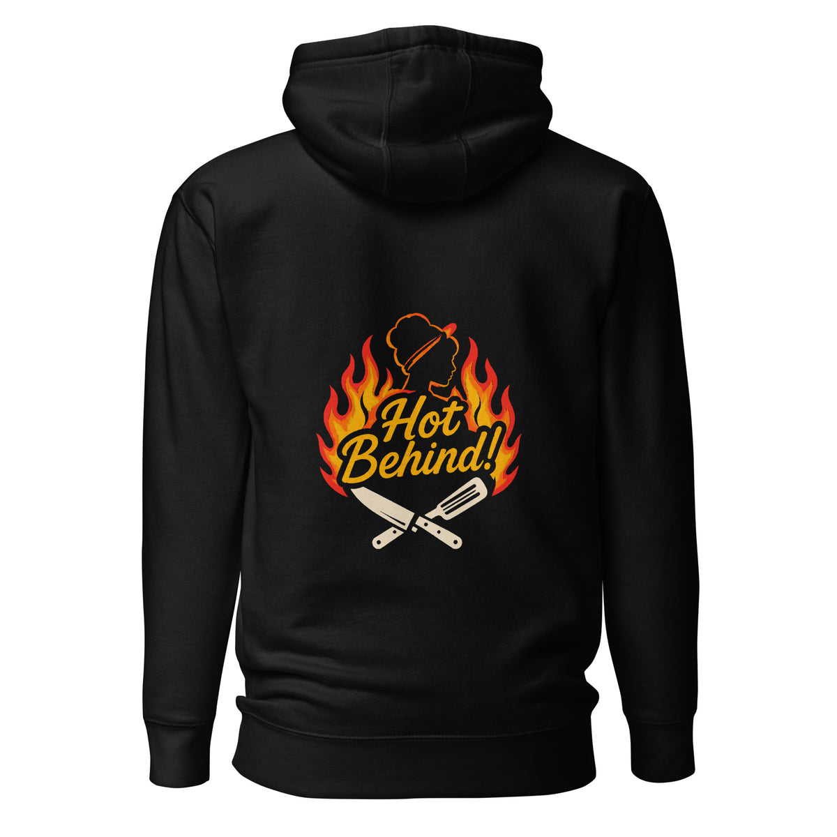 Back of the black Hot Behind KHK hoodie with red and orange flames, gold lettering and crossed kitchen tools